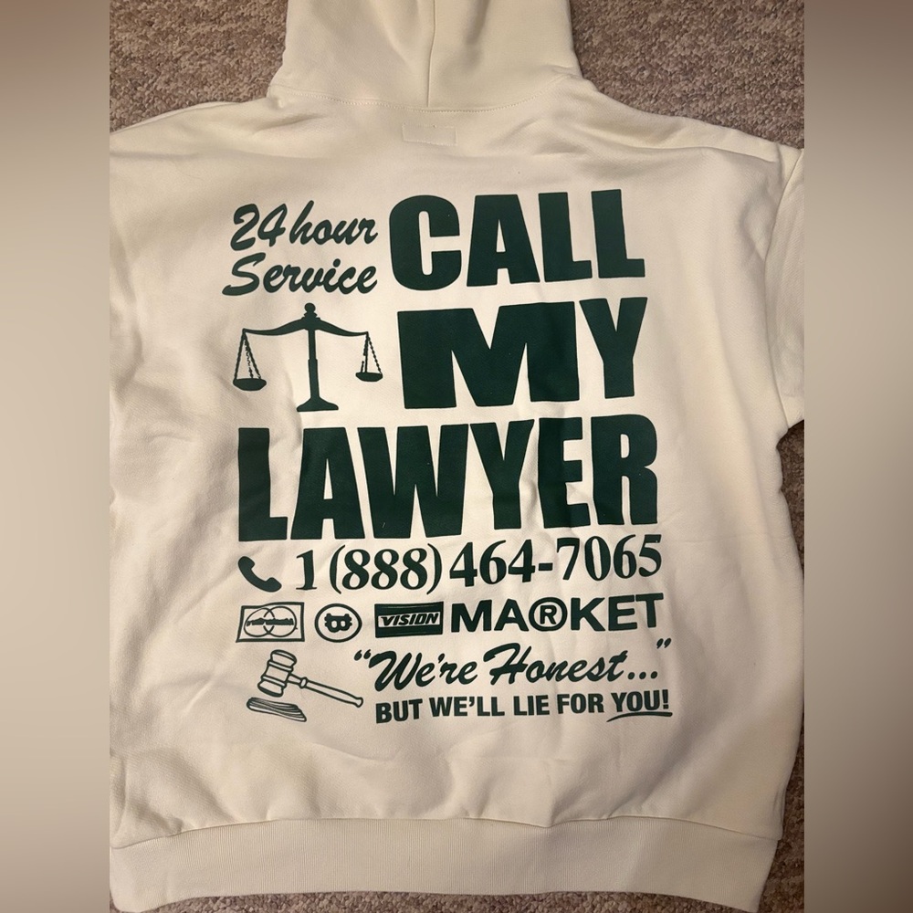 NEW! "MARKET Call My Lawyer" Graphic Hoodie Cream Men's Size L PLZ READ Lzg-$160 - Picture 2 of 3